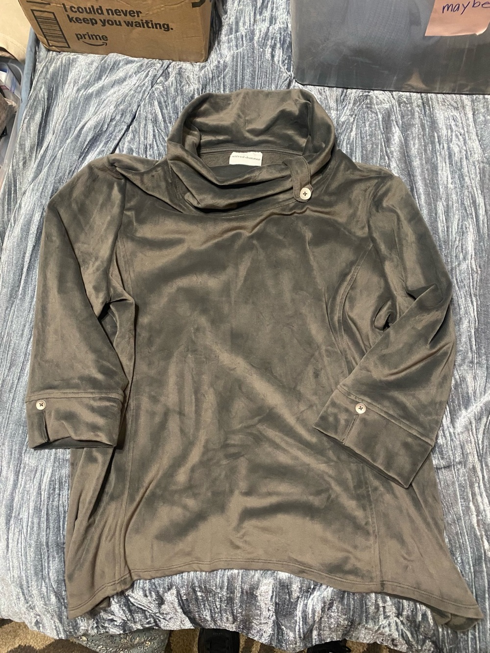 Alfred Dunner Charcoal Gray Velvet Cowl Neck Button Top